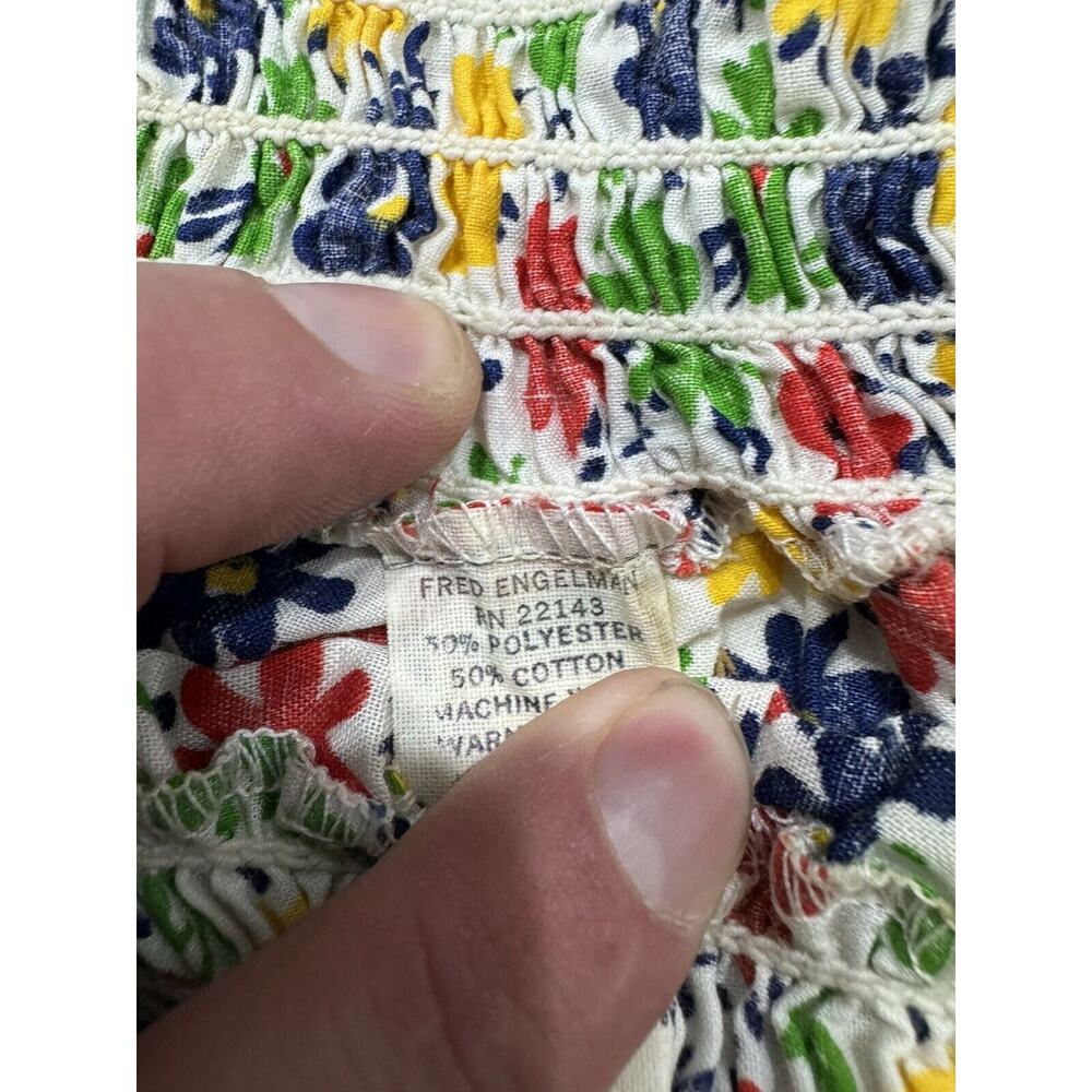 Vintage 1970s FRED ENGELMAN Smocked White Floral Poly Cotton Maxi Dress Sz M - Picture 3 of 7